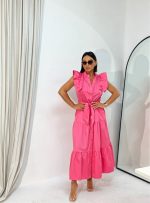 Duga pamučna boho haljina sa karnerima roze boje na kopčanje sa pojasom