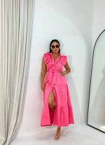 Duga pamučna boho haljina sa karnerima roze boje na kopčanje sa pojasom