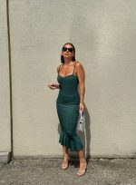 Petrolej zelena midi sirena haljina na bretele sa karnerom