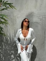 Duga bela kaftan haljina za plažu od viskoze zvonastih rukava