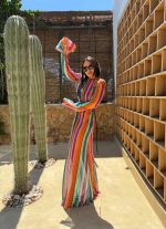 Duga šarena boho providna kaftan haljina za plažu zvonastih rukava