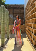 Duga šarena boho providna kaftan haljina za plažu zvonastih rukava