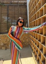 Duga šarena boho providna kaftan haljina za plažu zvonastih rukava