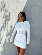 Bela basic bluza dugih rukava sa nabranim topom preko grudi