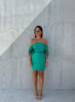Mini elegantna korset haljina žad zelene boje sa spuštenim širokim rukavima