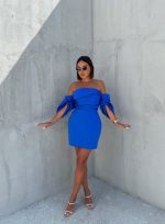 Mini elegantna korset haljina safir plave boje sa spuštenim širokim rukavima