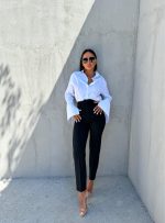 Crne cigaret pantalone visokog struka sa ukrasnim štepovima