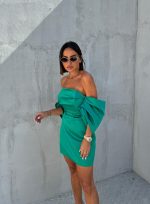 Mini elegantna korset haljina žad zelene boje sa spuštenim širokim rukavima