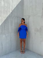 Mini elegantna korset haljina safir plave boje sa spuštenim širokim rukavima