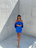 Mini elegantna korset haljina safir plave boje sa spuštenim širokim rukavima
