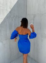 Mini elegantna korset haljina safir plave boje sa spuštenim širokim rukavima