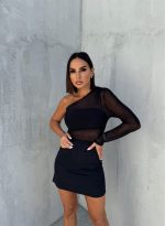 Asimetrična crna dvoslojna bluza od tila sa jednim rukavom