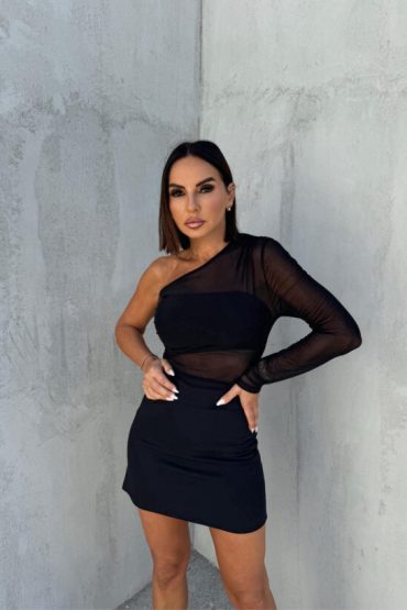 Asimetrična crna dvoslojna bluza od tila sa jednim rukavom