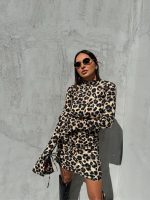 Mini haljina animal leopard printa dugih blago zvonastih rukava koji se vezuju i otkrivenih leđa