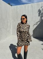 Mini haljina animal leopard printa dugih blago zvonastih rukava koji se vezuju i otkrivenih leđa