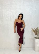Elegantna bordo svetlucava uska sirena haljina na bretele ispod kolena