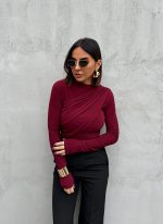 Bordo bluza dugih rukava sa preklopom i naborima