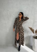Midi haljina dugih rukava na kopčanje u formi košulje sa vezivanjem oko struka animal printa