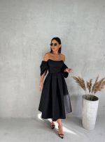 Midi elegantna crna svetlucava korset haljina A kroja sa spuštenim rukavima koji ležerno padaju