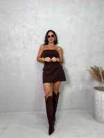 Mini korset haljina čvrstog kroja sa lažnim džepovima braon boje nijanse kafe
