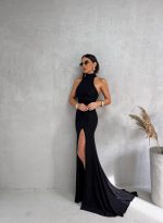 Crna duga elegantna raskošna svetlucava haljina dubokog šlica sa visokom kragnom