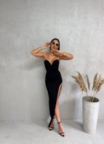 Crna elegantna korset haljina srcolikog dekoltea i dubokog šlica