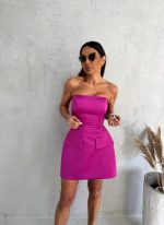 Mini lila korset haljina od čvrstog satena sa lažnim džepovima
