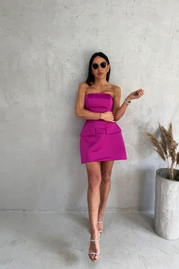 Mini lila korset haljina od čvrstog satena sa lažnim džepovima