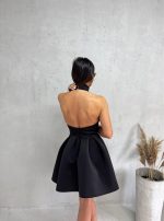 Mala crna elegantna haljina A kroja od čvrste skube sa rolka kragnom i otvorenim leđima