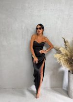 Duga elegantna crna korset satenska haljina sa dubokim šlicem