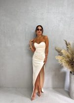 Duga elegantna korset satenska haljina sa dubokim šlicem u šampanj nijansi bele