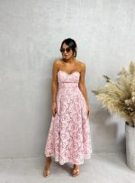Midi korset roze haljina od čipke sa srce dekolteom A kroja sa džepovima