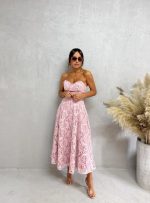 Midi korset roze haljina od čipke sa srce dekolteom A kroja sa džepovima