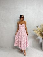 Midi korset roze haljina od čipke sa srce dekolteom A kroja sa džepovima