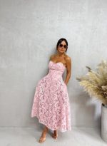 Midi korset roze haljina od čipke sa srce dekolteom A kroja sa džepovima