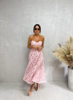 Midi korset roze haljina od čipke sa srce dekolteom A kroja sa džepovima