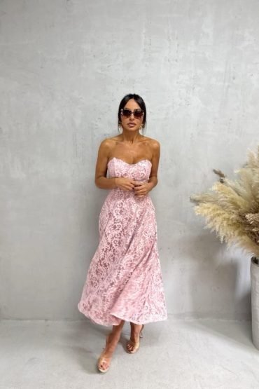 Midi korset roze haljina od čipke sa srce dekolteom A kroja sa džepovima