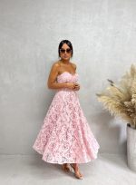 Midi korset roze haljina od čipke sa srce dekolteom A kroja sa džepovima