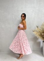Midi korset roze haljina od čipke sa srce dekolteom A kroja sa džepovima