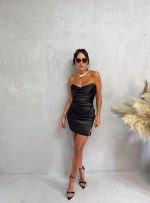 Mini elegantna korset crna haljina od satena naboranog materijala
