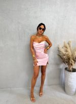 Mini roze satenska korset haljina nabrane teksture sa šlicem