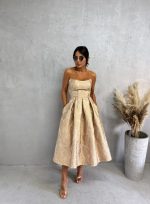 Midi krem zlatna elegantna korset haljina A kroja ispod kolena od čvrstog cvetnog brokata