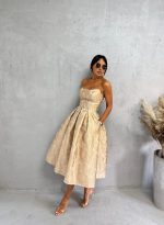 Midi krem zlatna elegantna korset haljina A kroja ispod kolena od čvrstog cvetnog brokata