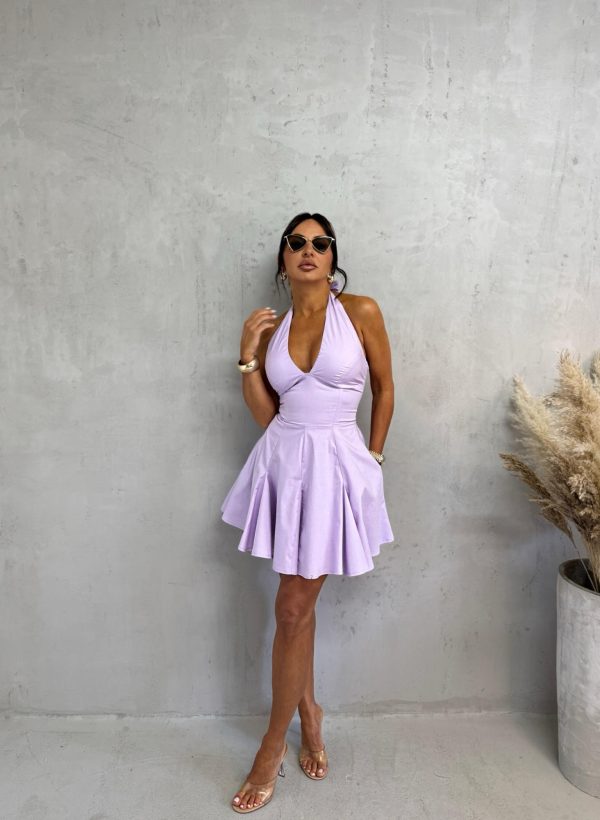 Becca Lavender mini romantična haljina Mini lila romantična lepršava strukirana haljina na vezivanje oko vrata i korset vezivanjem na leđima nijanse lavande i sa džepovima