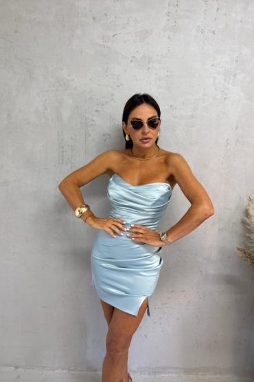 Mini metalik plava satenska korset haljina nabrane teksture sa šlicem