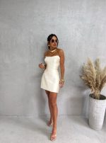 Mini nežno bela biserna elegantna korset haljina od satena