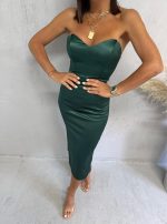 Midi tamno zelena satenska korset haljina uskog kroja sa srce dekolteom