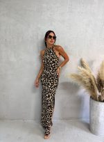 Duga haljina sa šlicem životinjskog leopard printa sa vezivanjem iza vrata i otvorenim leđima