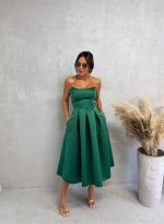 Midi zelena elegantna korset haljina A kroja ispod kolena od čvrstog satena
