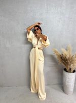 Satenski boho komplet od lepršavih pantalona i kimono bluze trendi puter žute boje